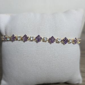14k Gold Plated Tennis Bracelet with Purple and Clear Stones